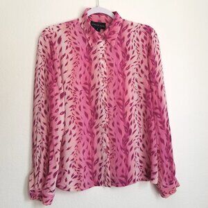 August Silk Women Blouse Size 6 Long Sleeve Magenta & Pink 100% Silk Button Up
